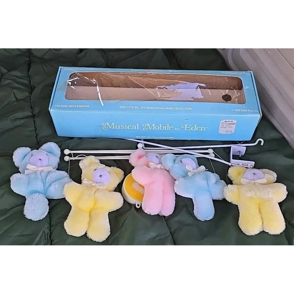 Vtg 1986 Eden Toys Musical Crib Mobile Teddy Bears Pastel Pink Blue Yellow Boxed